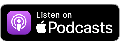 Logo promoting podcasts available on Apple Podcasts. Features a purple icon with a stylized microphone and white text on a black background.